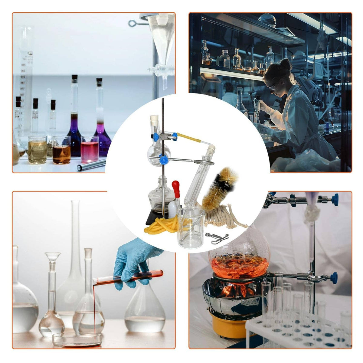 Distillation apparatus shown with multiple lab glassware setups and tubing connections