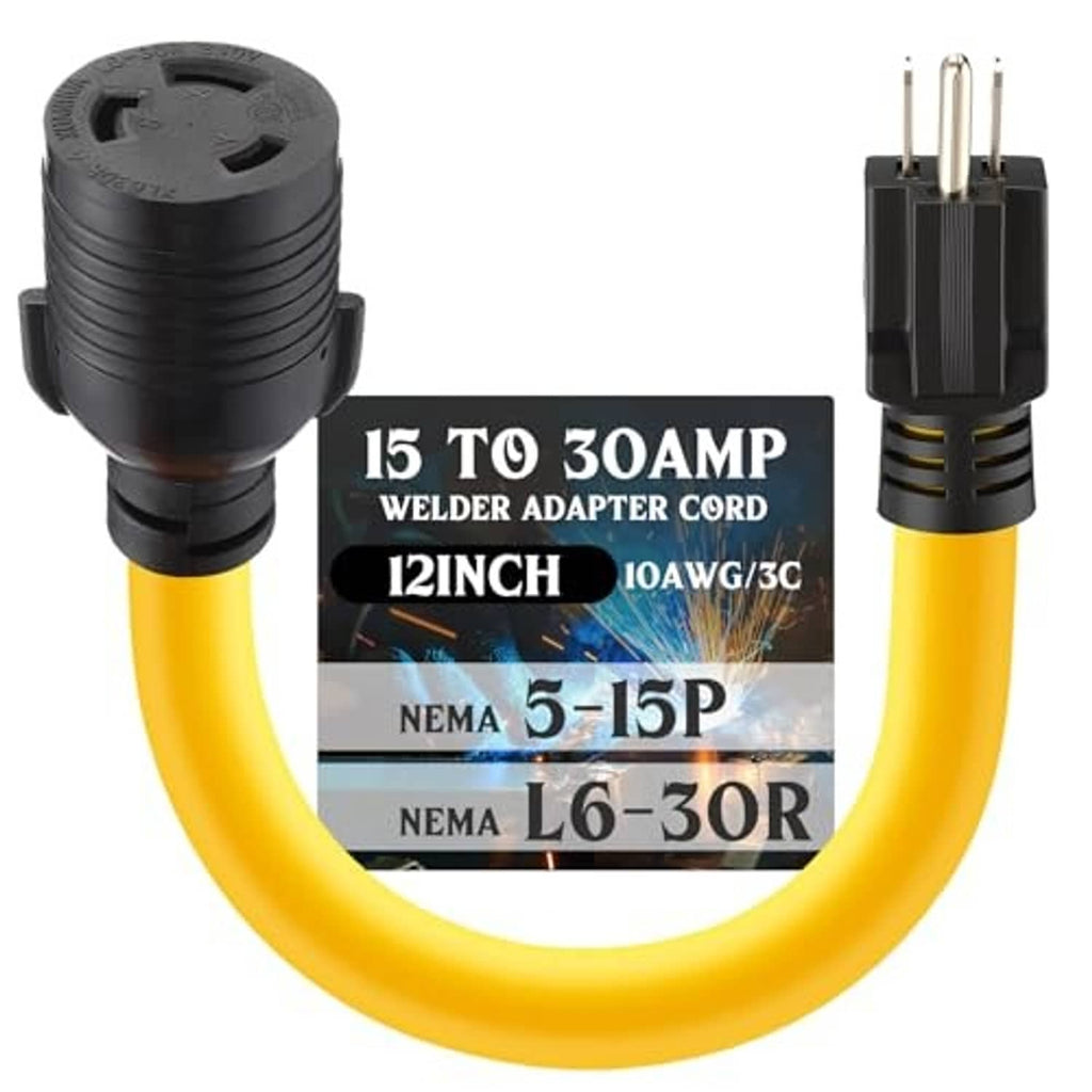 Yellow welder adapter cord with black 5-15P plug and L6-30R 3-prong connector