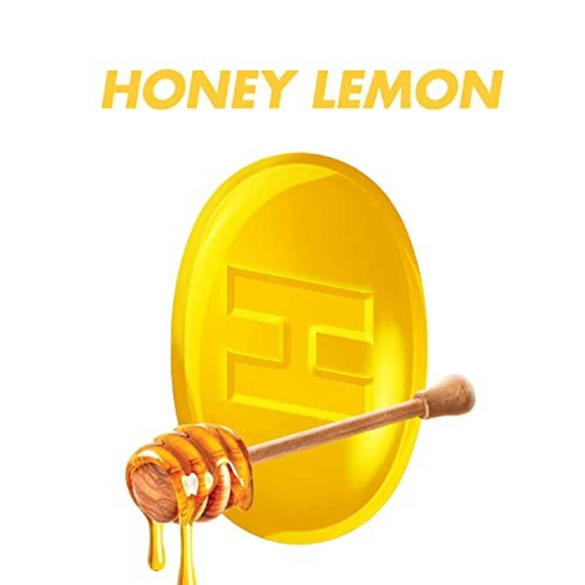 Honey lemon cough drop candy with yellow oval shape and wooden honey dipper