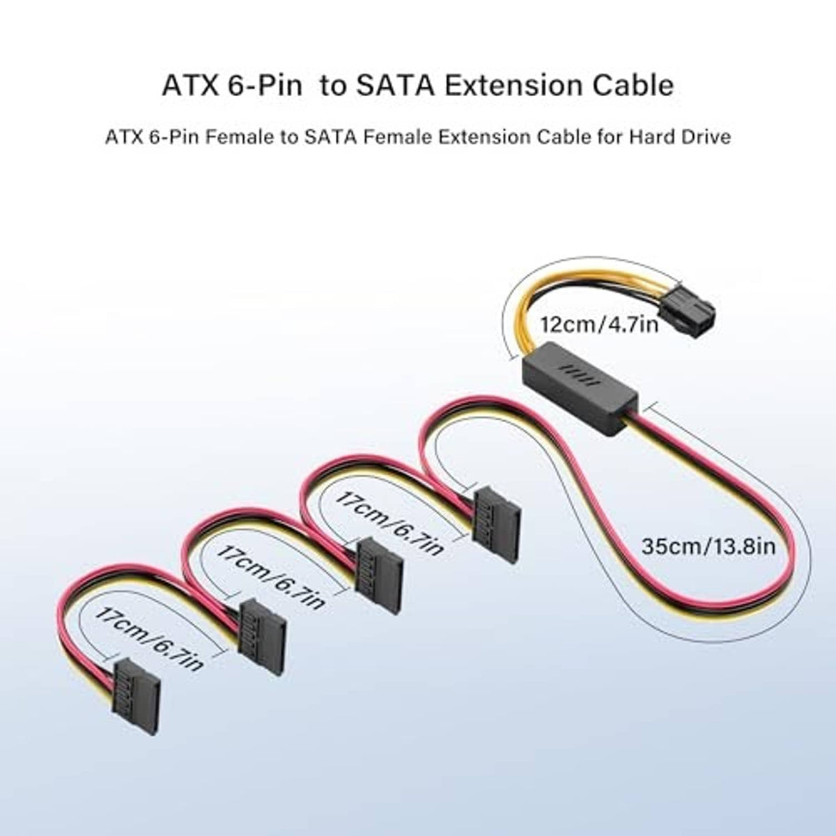 ATX 6-pin to SATA extension cable set with multicolor wires and black connectors, up to 35 cm