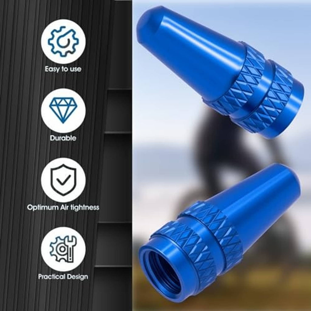 Blue Presta valve cap pair with diamond knurled band and tapered dust-cover tops