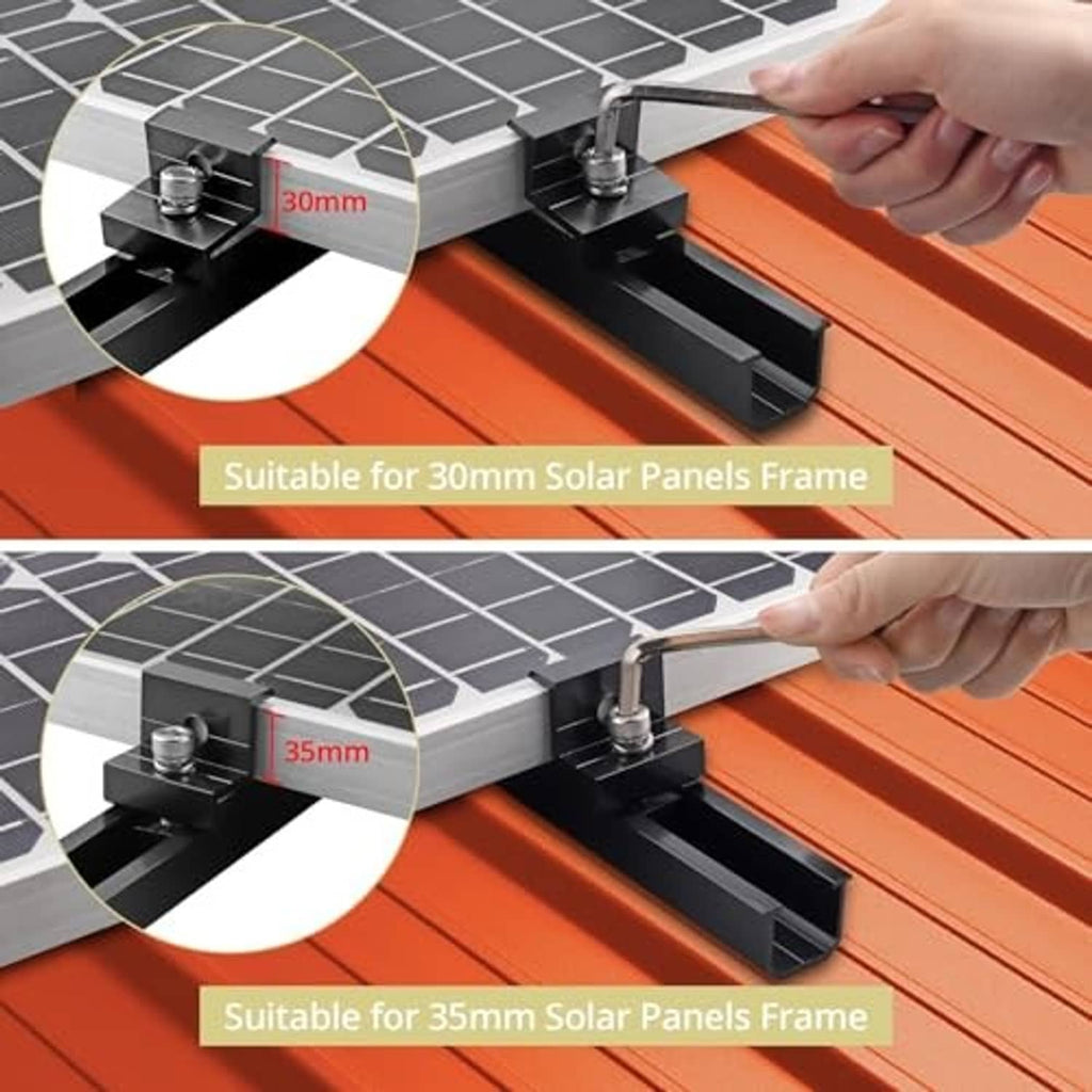 Solar panel mounting rail clamps with bolts installed on an orange roof frame