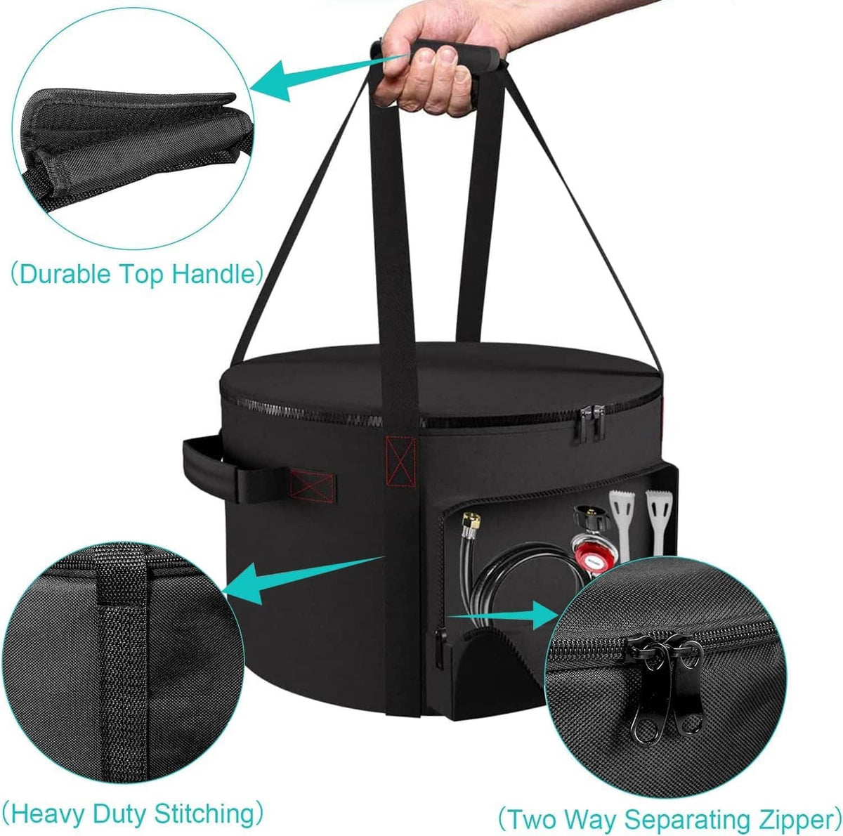 Black top handle and heavy-duty stitching detail on round carrying bag