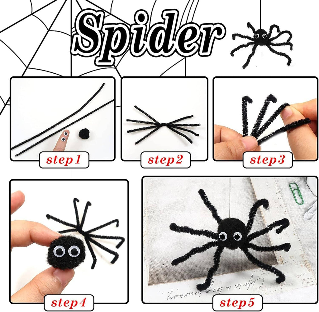 Black chenille pipe cleaners for a craft spider, step-by-step setup
