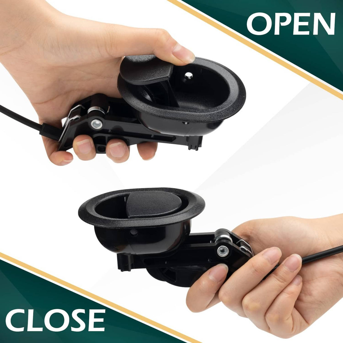 Black oval recliner release handle on cable, hand pulling the release