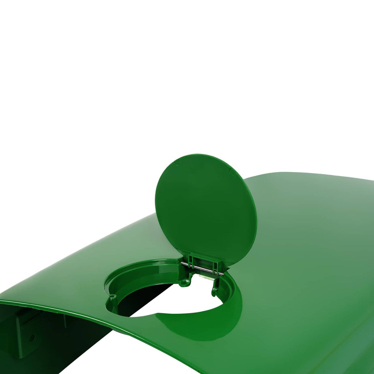 Fuel door on green tractor upper hood shown open over the round opening