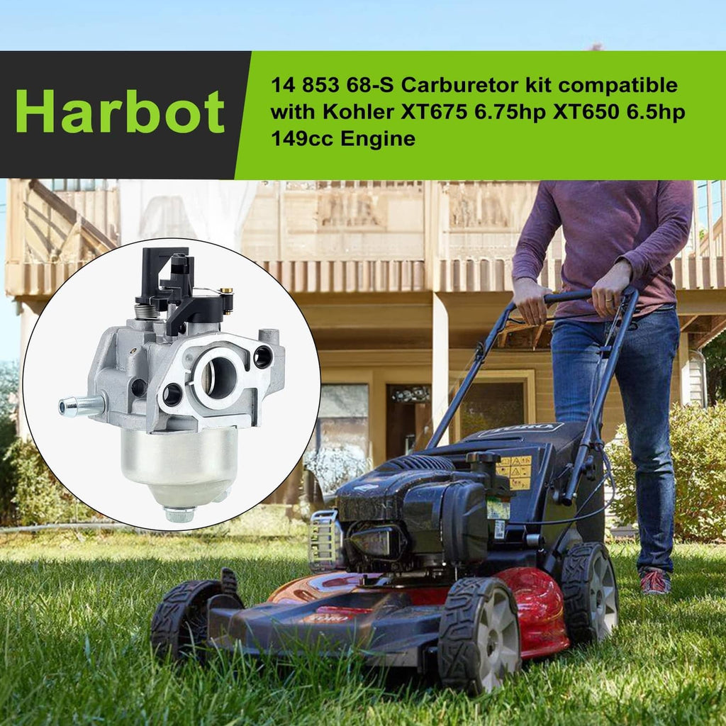 Carburetor kit for small engines, shown installed on a lawn mower