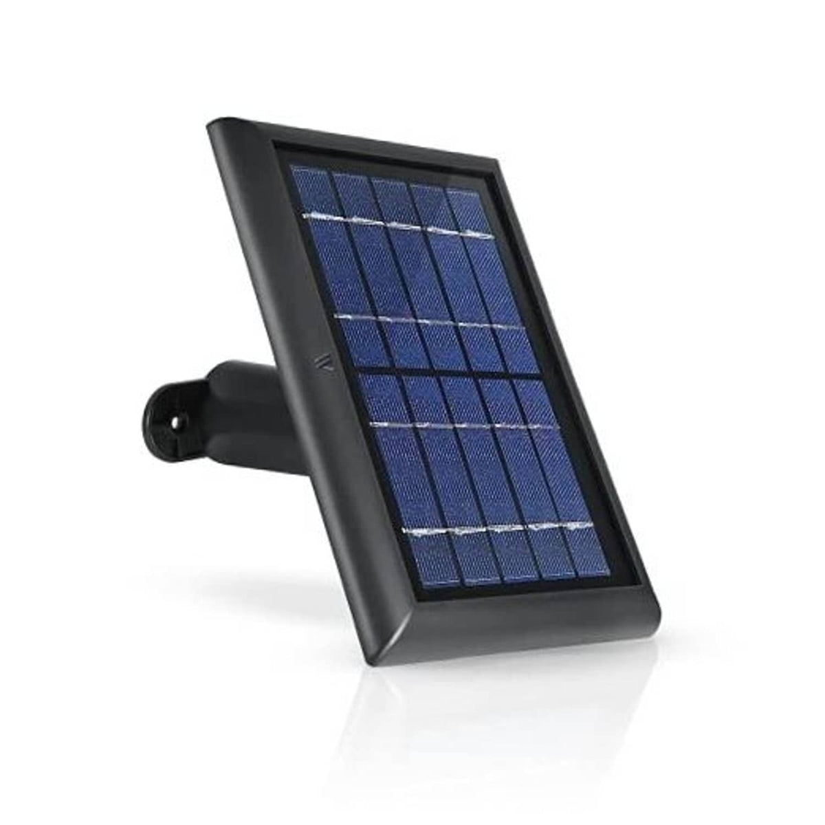 Black solar panel with wall mount bracket and blue photovoltaic cells for security cam