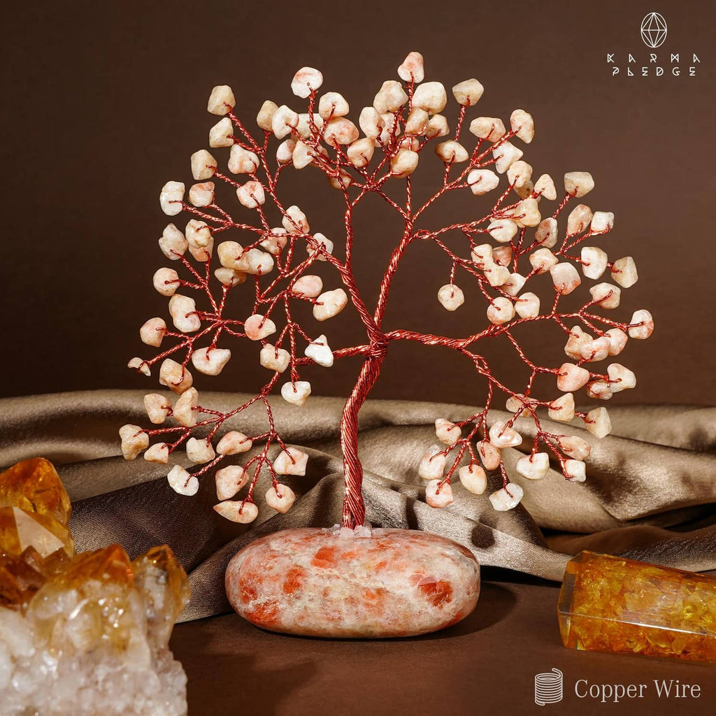 Sunstone crystal tree ornament with white-pink beads, red wire trunk, orange-pink base
