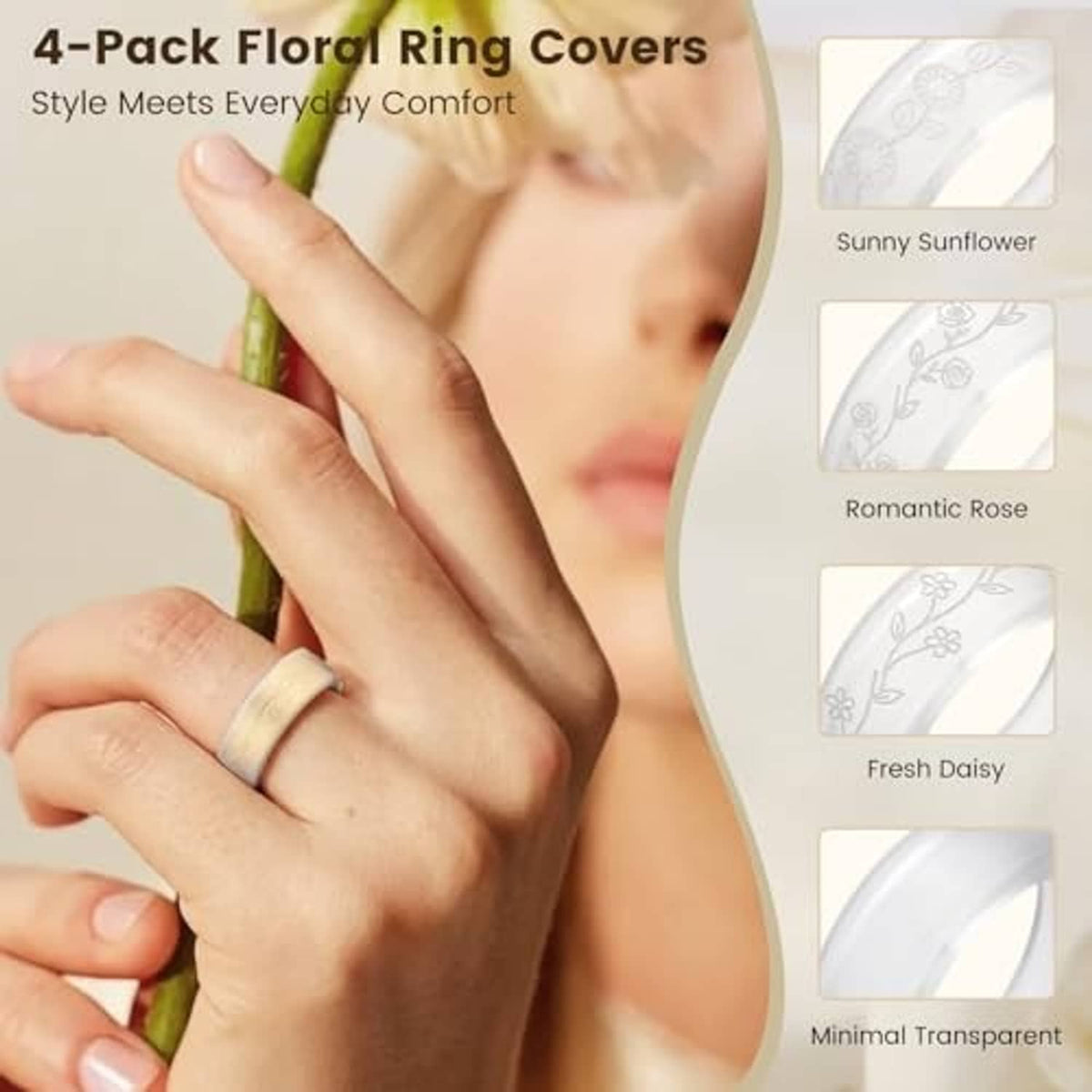 4-pack transparent floral silicone ring covers with daisy, rose, and sunflower patterns.