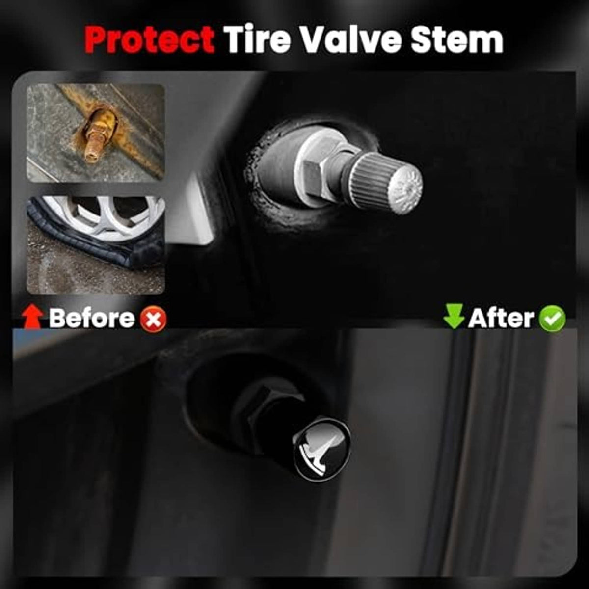 Black tire valve stem cap with chrome Tesla logo installed on a wheel