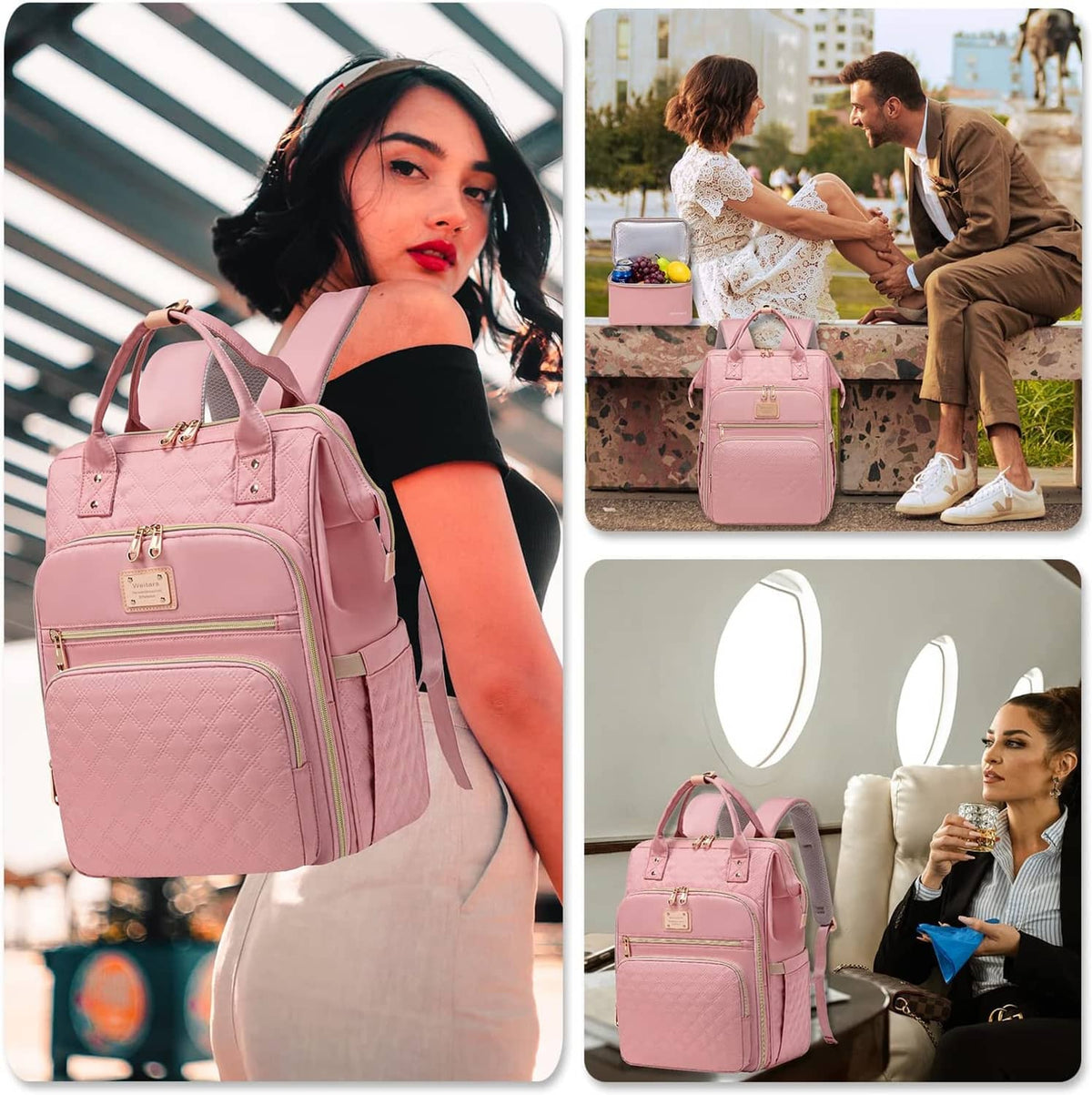 Pink quilted lunch backpack with wide shoulder straps and front zipper pockets