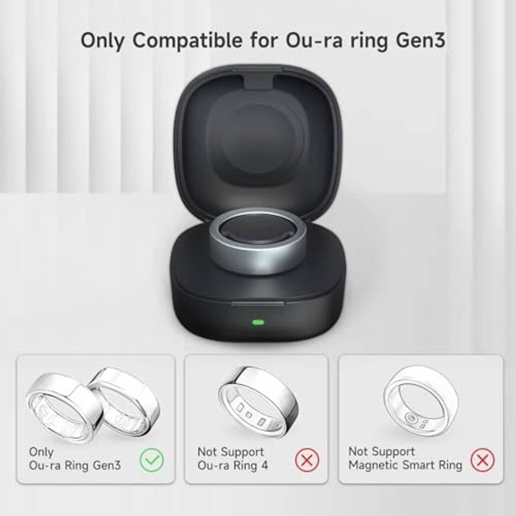 Black wireless charging case with metal ring dock and open lid for Oura Ring Gen3