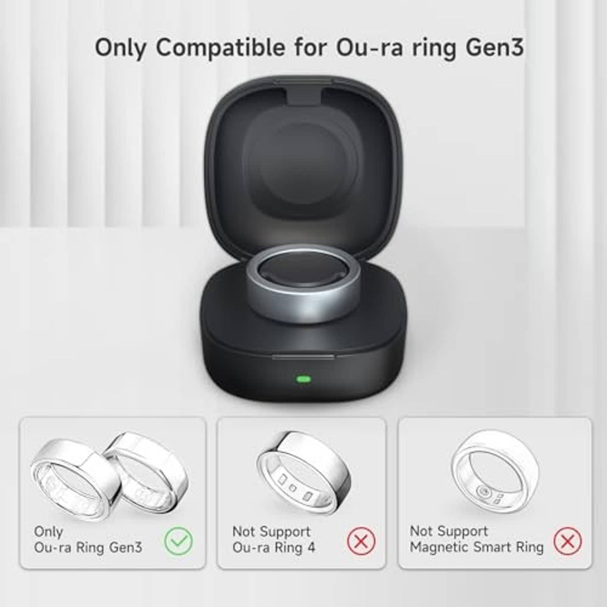 Black wireless charging case with metal ring dock and open lid for Oura Ring Gen3