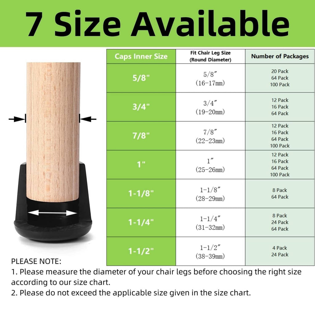 Black round rubber chair leg cap with open sleeve, shown on wooden furniture leg