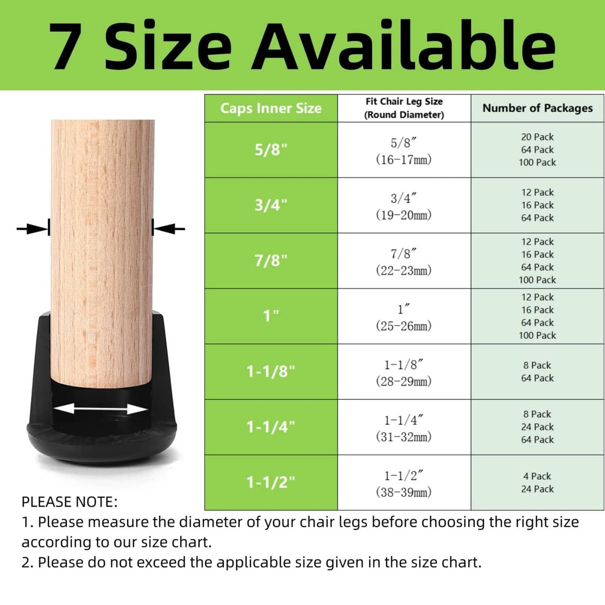 Black round rubber chair leg cap with open sleeve, shown on wooden furniture leg