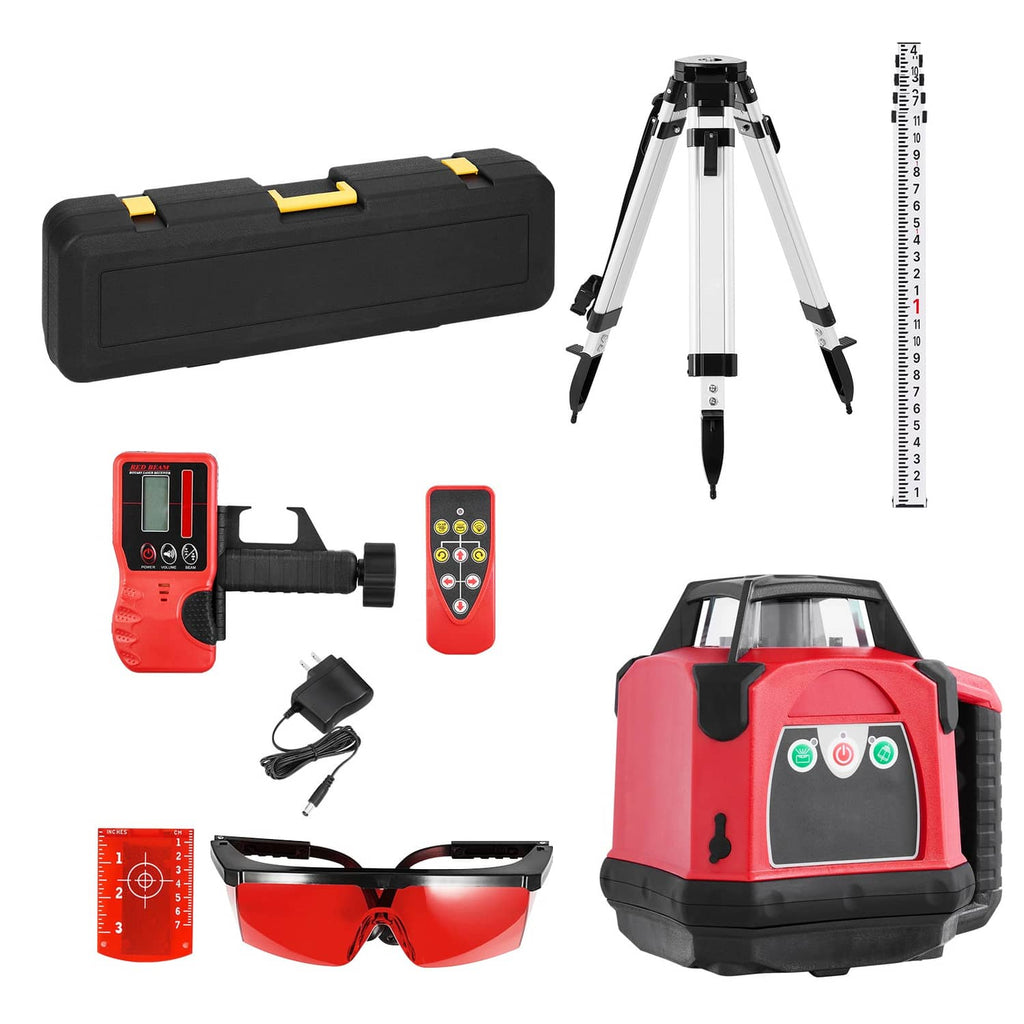 Rotary laser level kit with red laser level, tripod, receiver, remote, and hard case