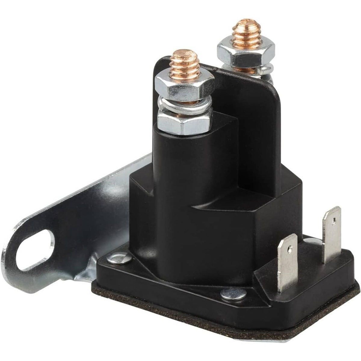 Black starter relay solenoid with two copper-topped terminals and mounting bracket