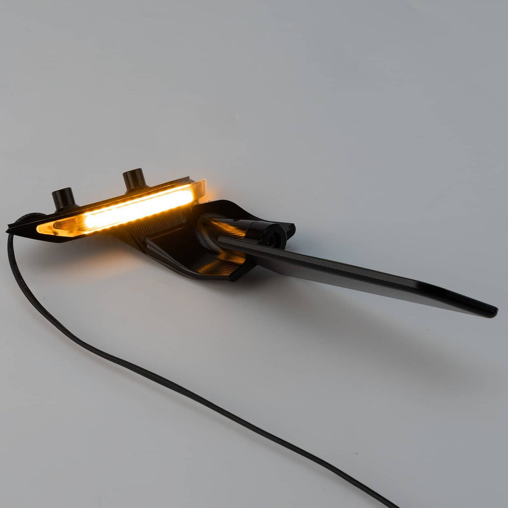 Single motorcycle wing mirror with amber LED light bar and black housing