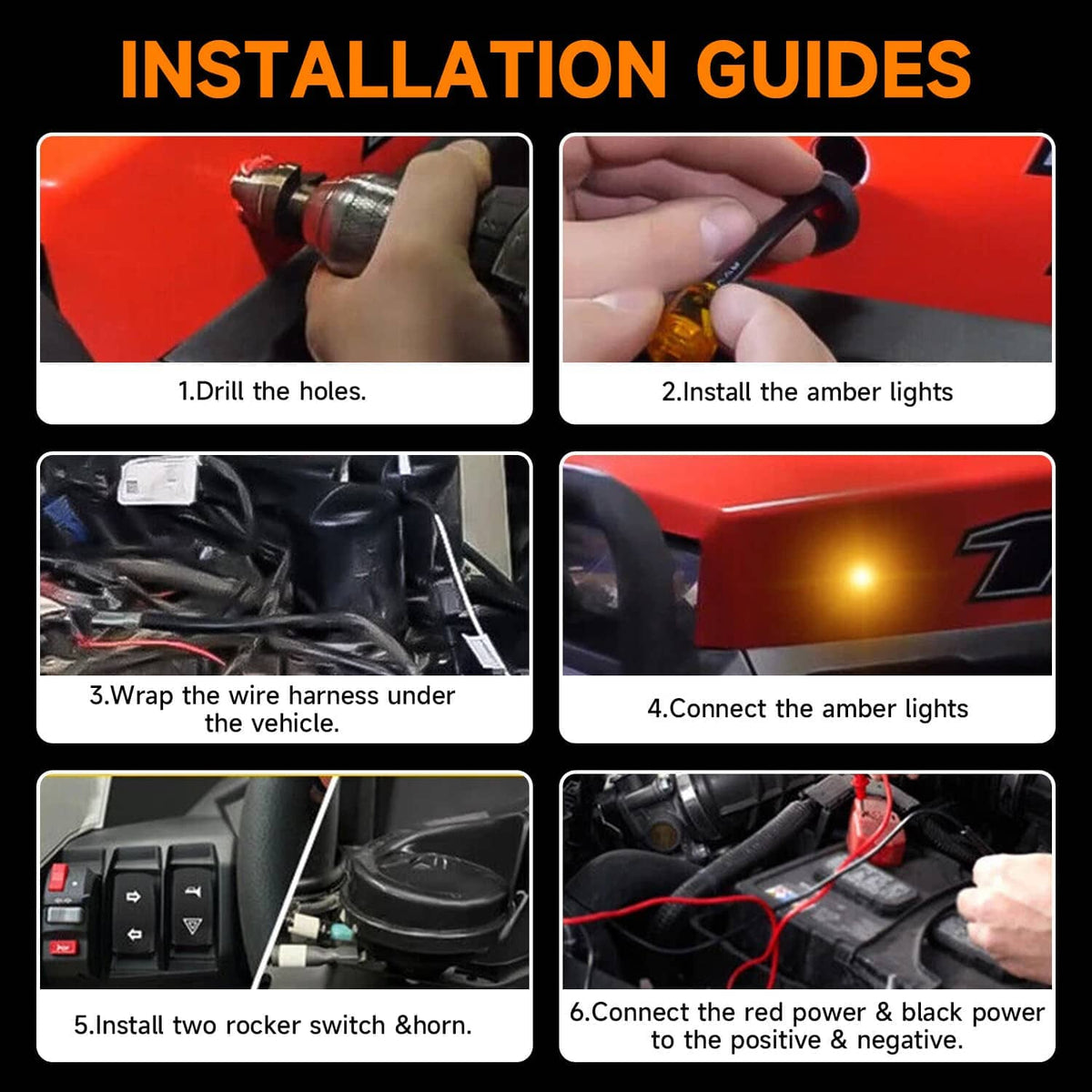 Installation steps for turn signal horn kit with wiring harness and amber light connections