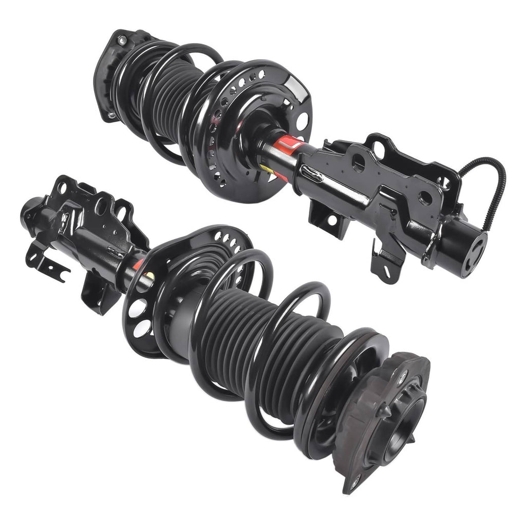 Pair of front strut assemblies with black coil springs and sensor cable connection