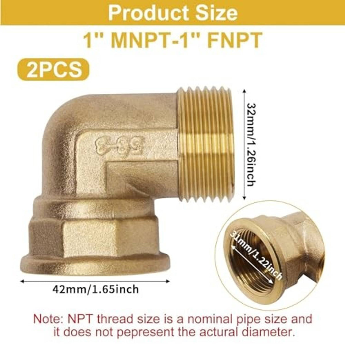 Brass 90-degree elbow fitting, 1 in MNPT to 1 in FNPT, 42 mm length