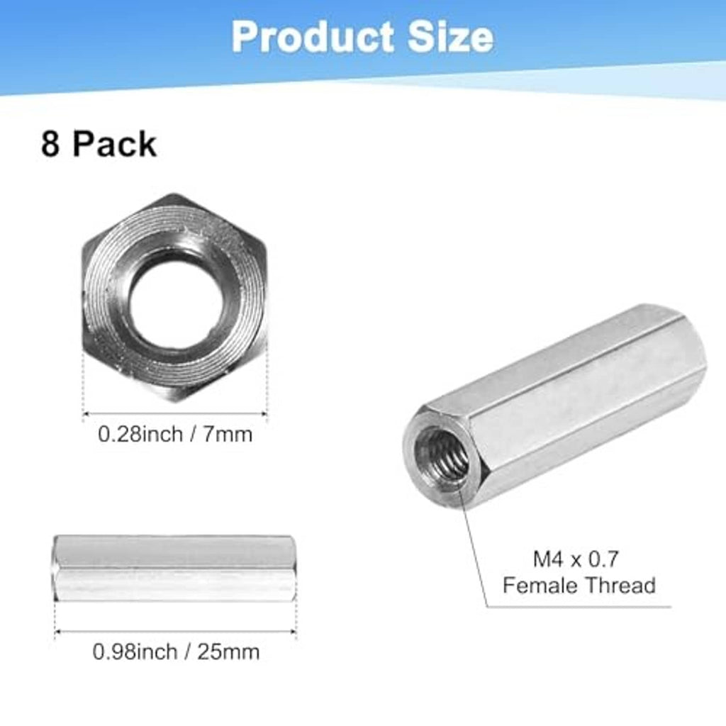 Stainless steel M4-0.7 female-thread coupling nut, long sleeve, about 25mm