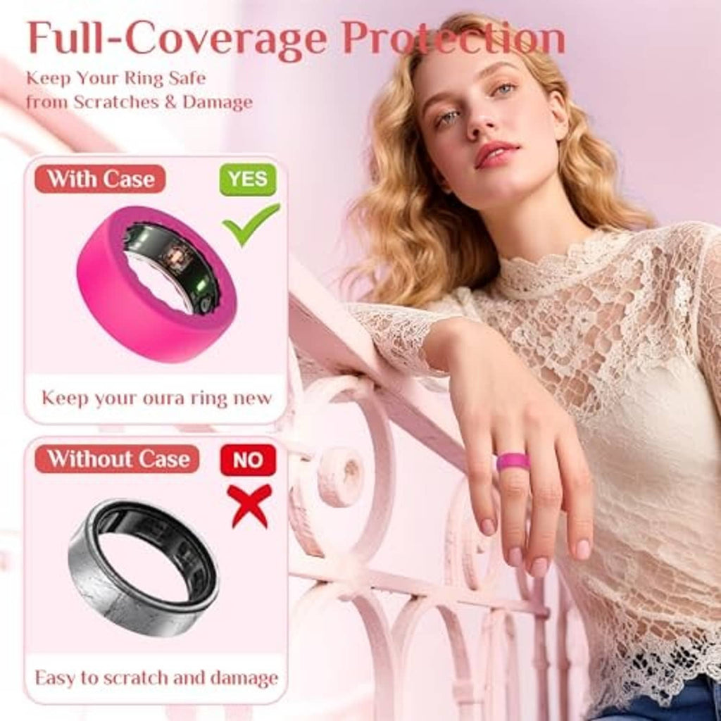 Ultra-thin ring cover in bright pink, shown with full-coverage protection icons