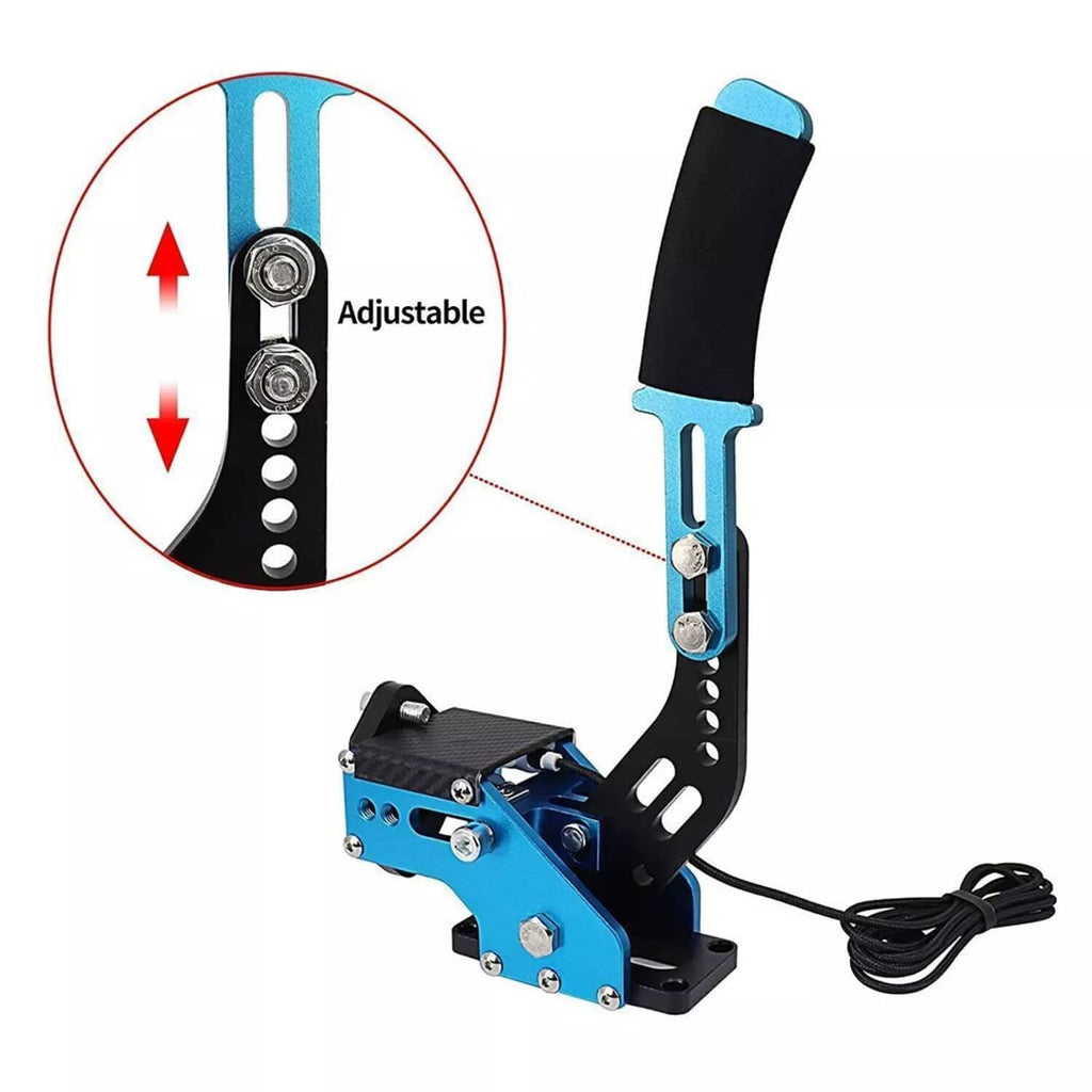 Black and blue USB handbrake with adjustable handle height and red wheel lever