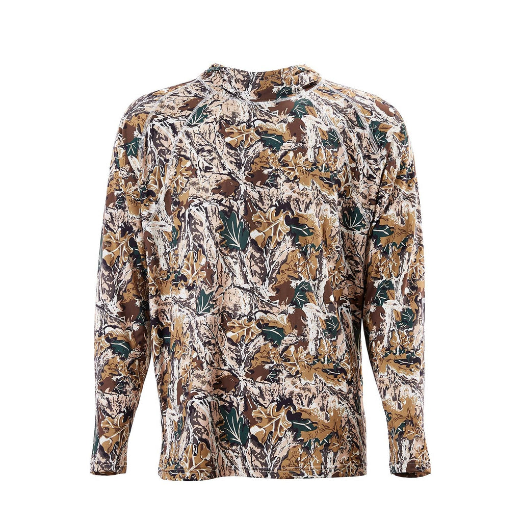 Camouflage pullover hoodie top with hood and long sleeves, front view