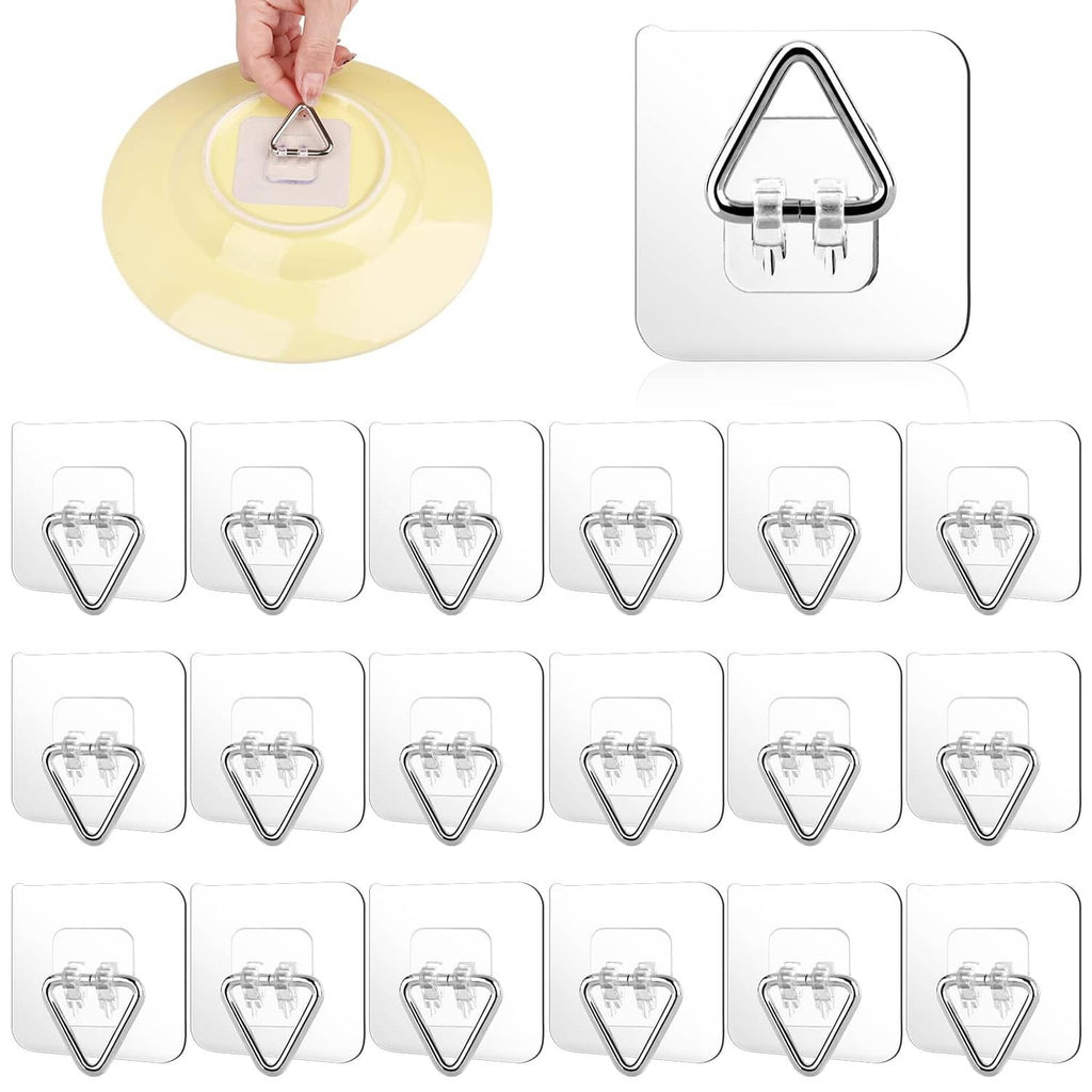 Adhesive invisible plate hanger set with stainless-steel triangular clips and clear mounts