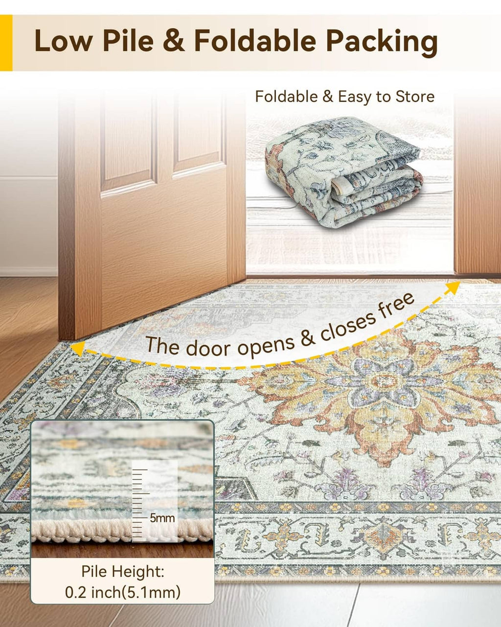Foldable, low-pile washable area rug, 0.2 inch (5 mm) thickness graphic