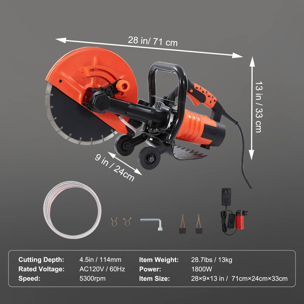 12-inch electric concrete saw with water line accessory and size diagram view, orange/black