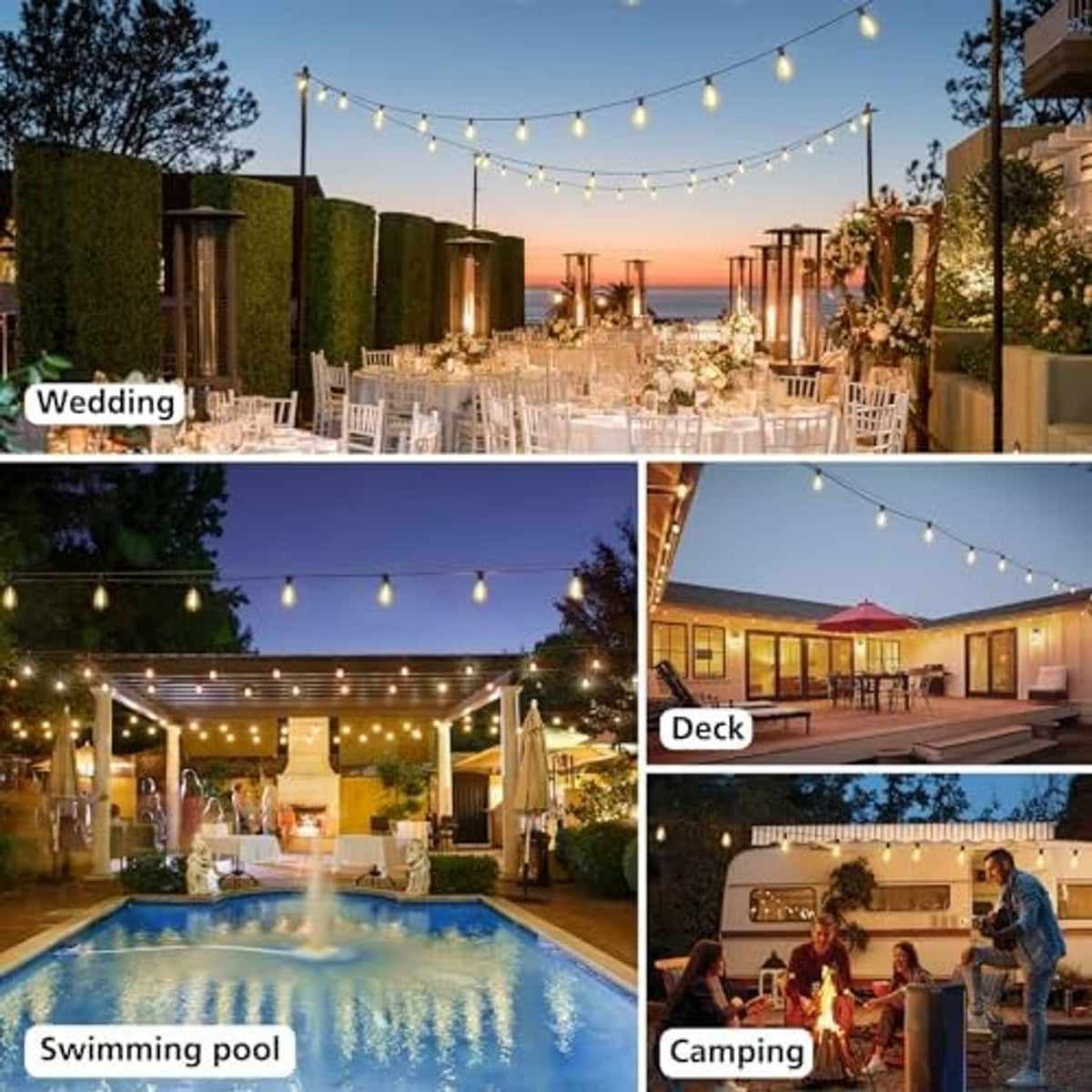 Outdoor LED string lights with black wire and warm bulbs across a patio