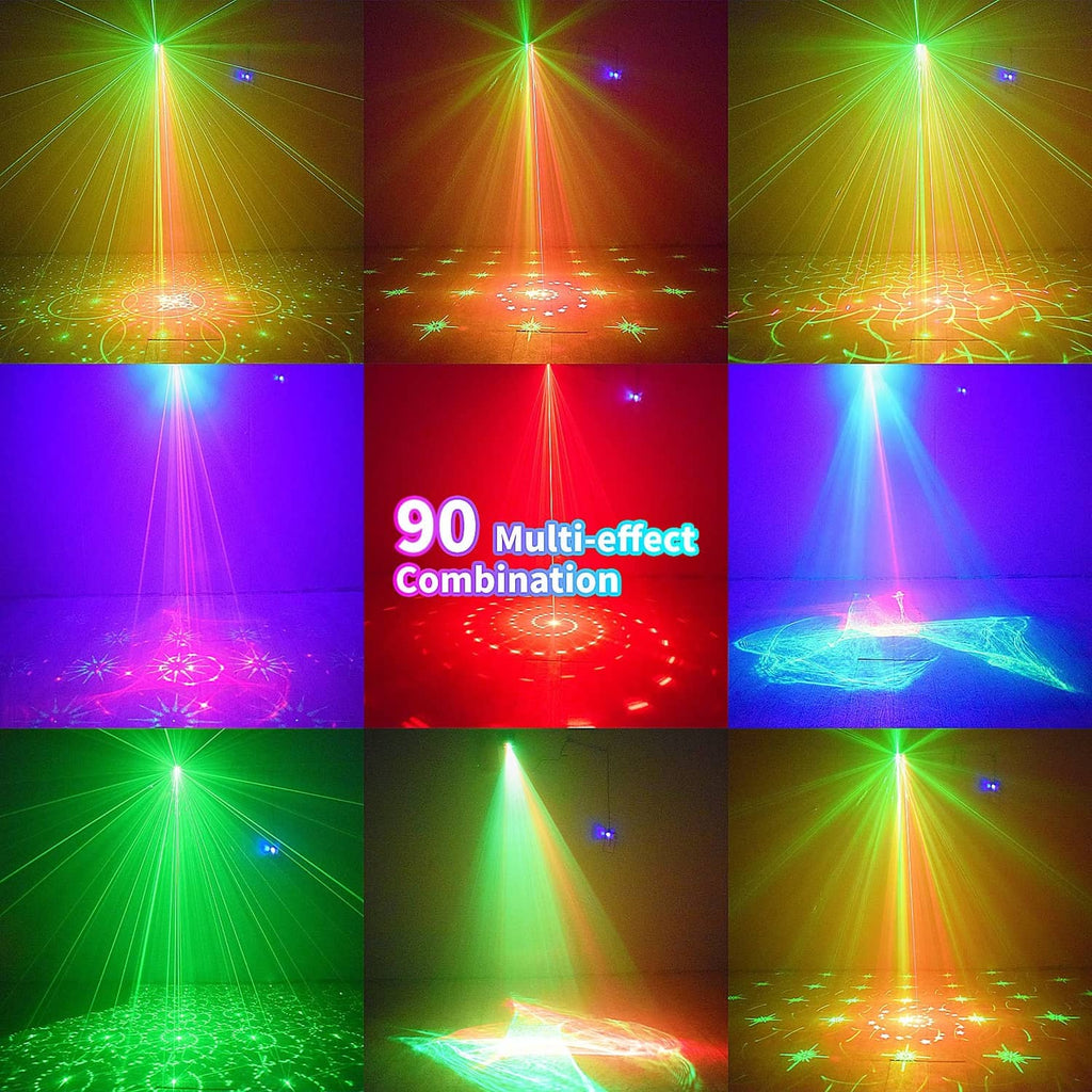 Multi-color laser light beams and circular patterns projected onto the floor