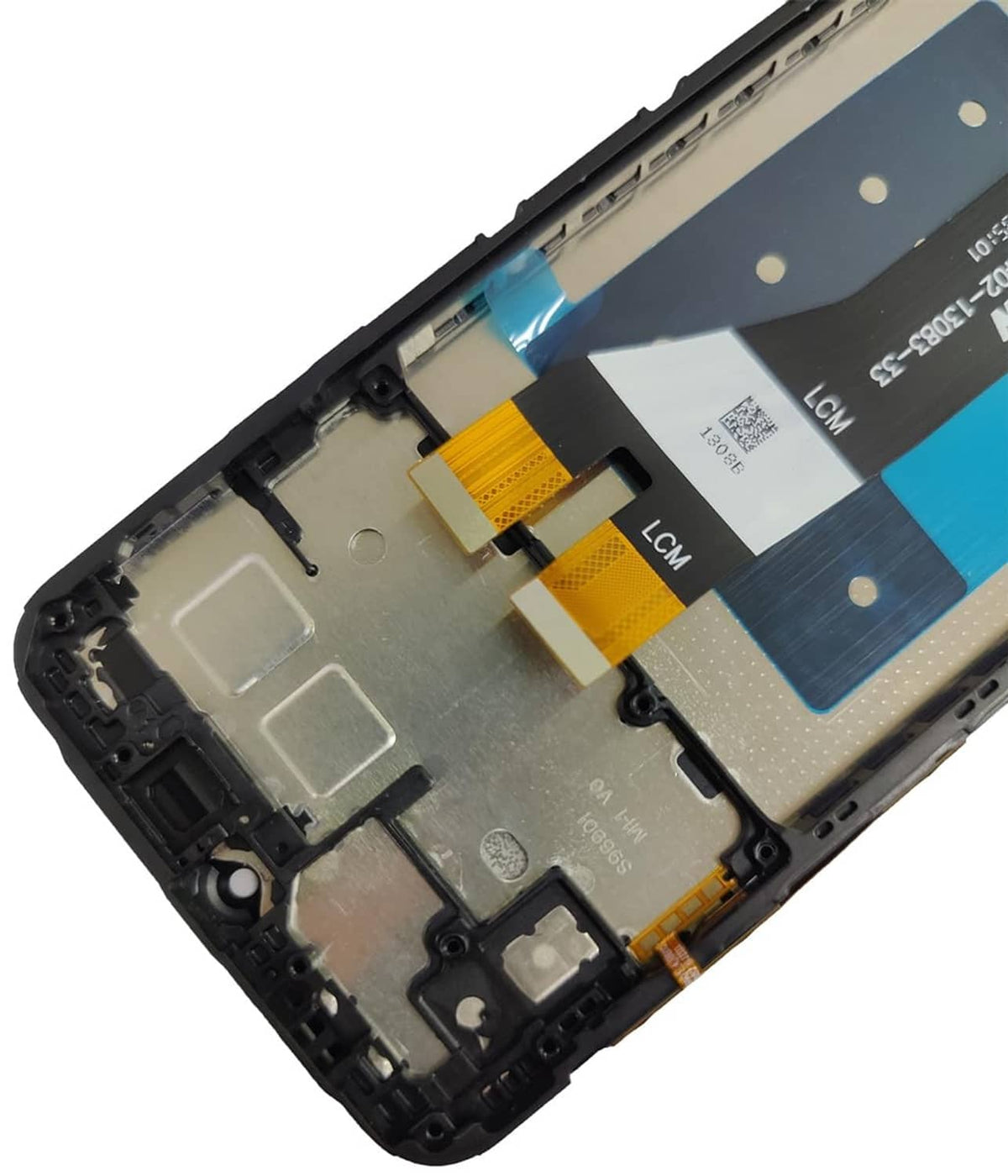 Open replacement screen assembly with blue panel, yellow connectors, black plastic frame