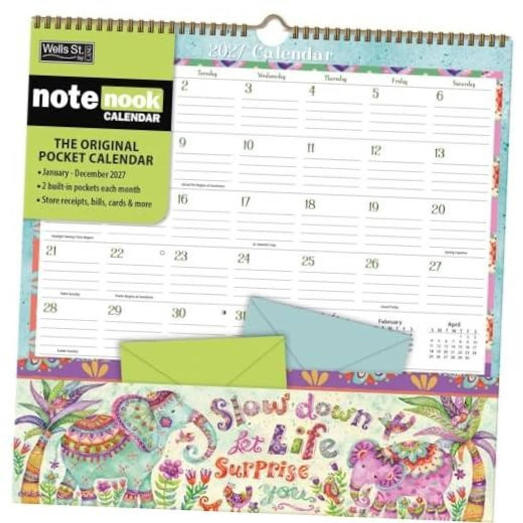 Spiral-bound pocket calendar with colorful illustrated cover and green envelope pocket