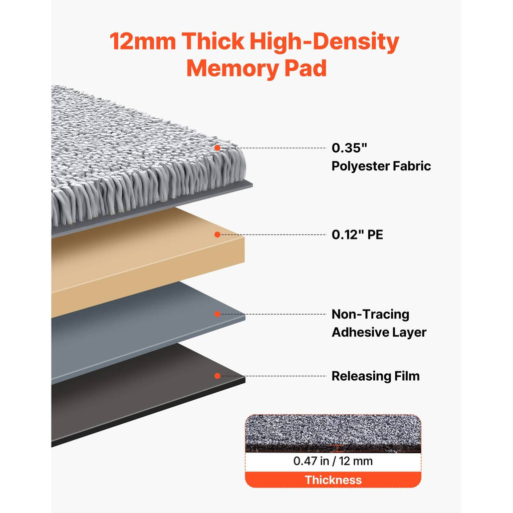 Gray carpet tile cross-section showing polyester fabric and non-tracing adhesive layer