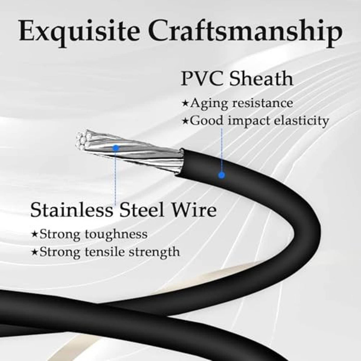 Door latch release cable with black PVC sheath and stainless steel wire
