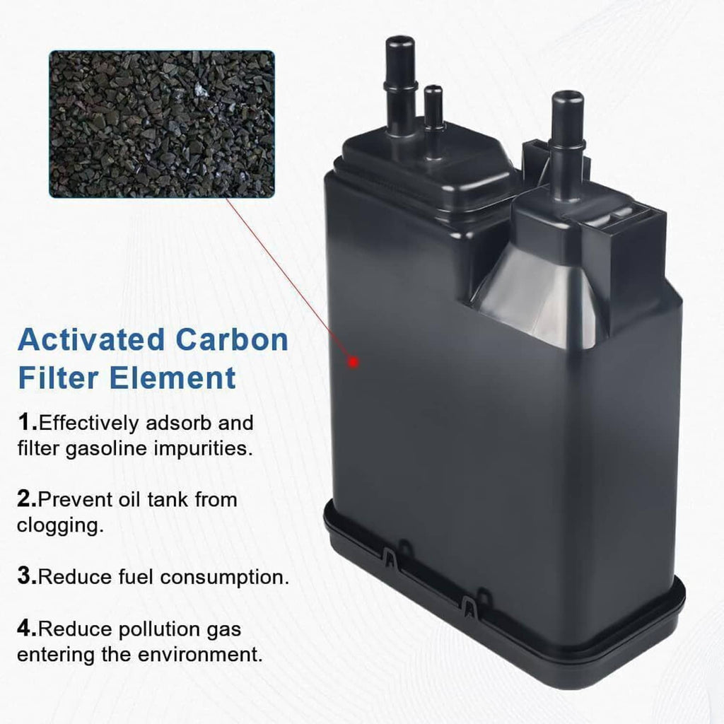 Black vapor canister with top outlet ports and filter element inset