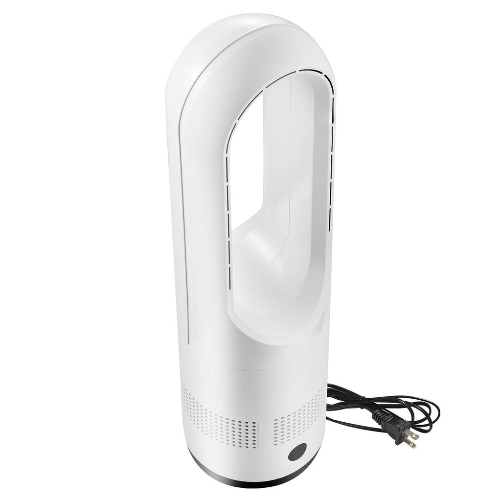 White bladeless tower fan angled side view with oval inlet and power cord.
