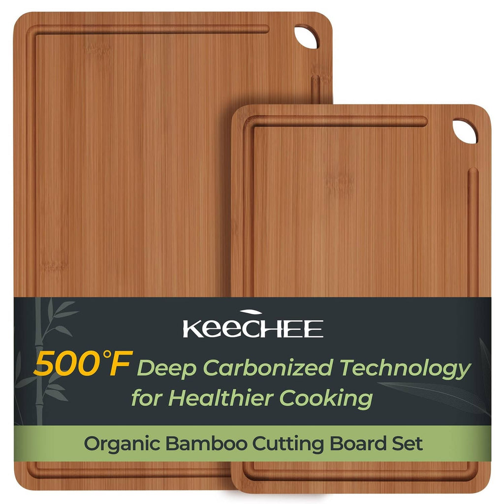Set of 2 carbonized bamboo cutting boards, brown, with corner handle holes