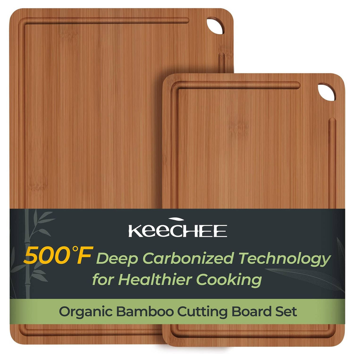 Set of 2 carbonized bamboo cutting boards, brown, with corner handle holes