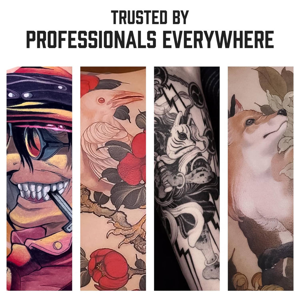 Four vertical tattoo art panels with bold outlines and shading
