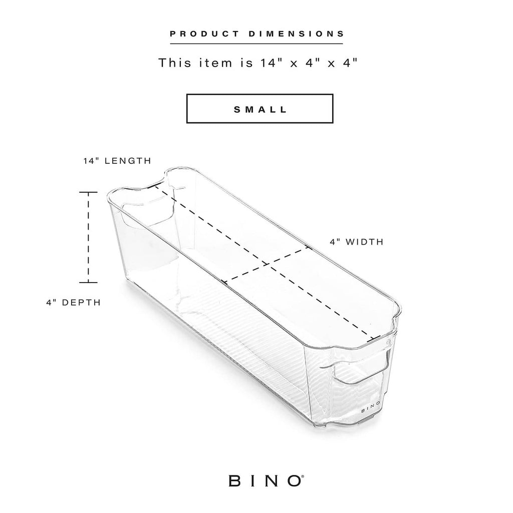 Small clear stackable storage bin with built-in handles; 4" depth and width