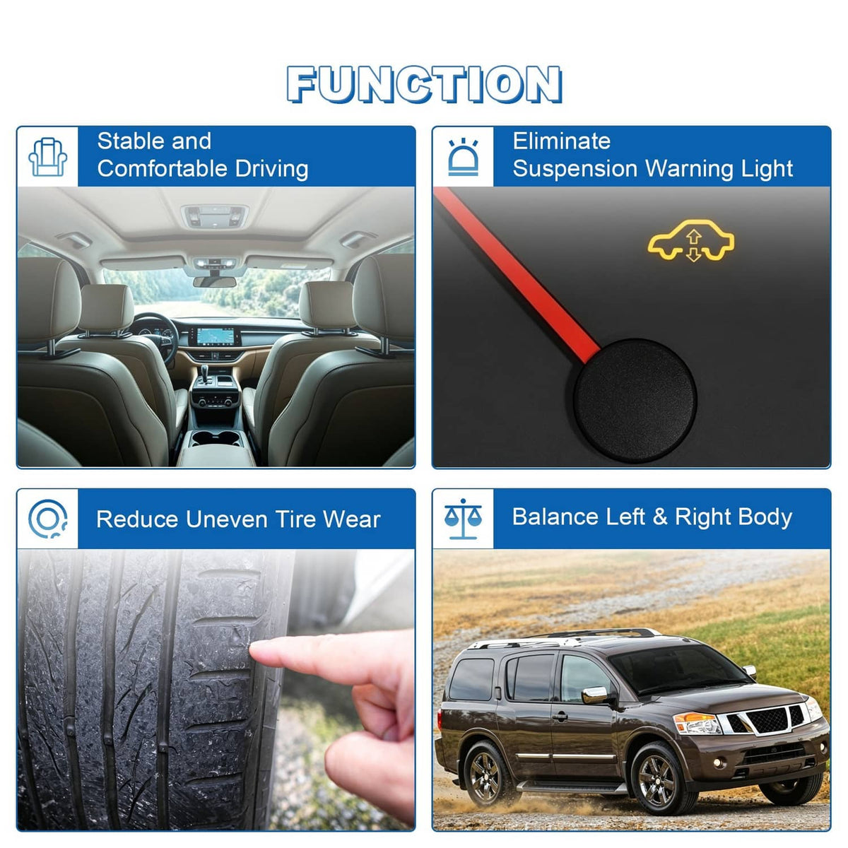 Air suspension compressor benefits collage with vehicle and tire wear icons