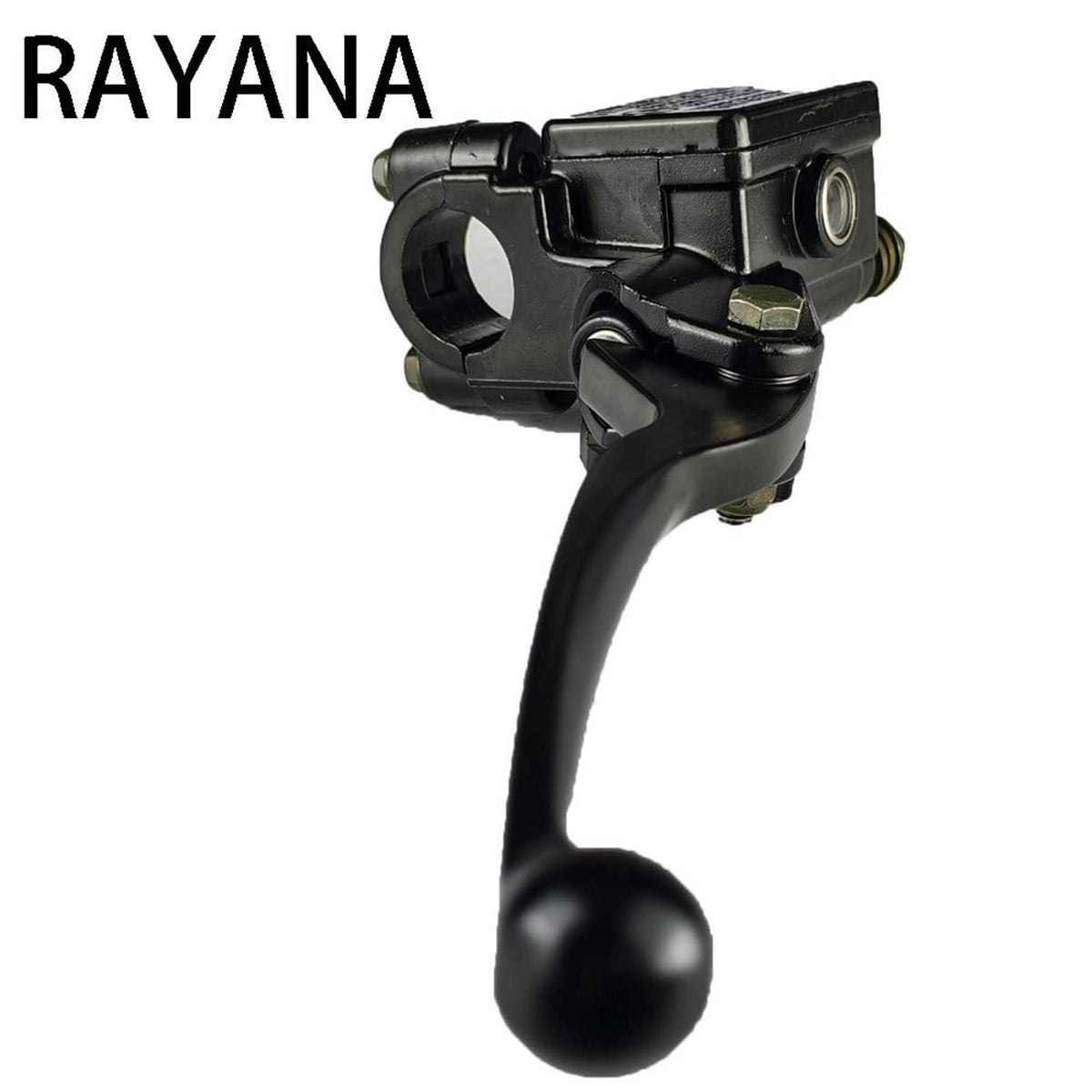 Front brake master cylinder lever with curved black lever and round mounting port