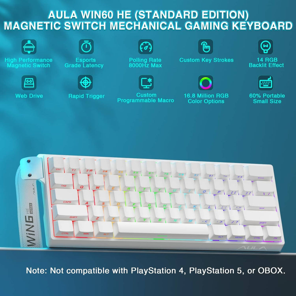 White 60% wired mechanical keyboard with colorful RGB backlighting and wrist rest