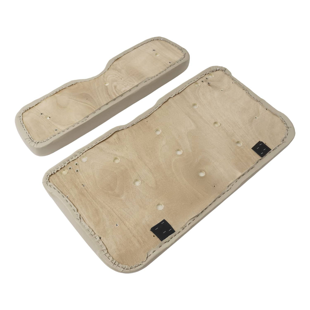 Stone golf cart seat cushions, beige fabric underside with stud holes and black mounting tabs