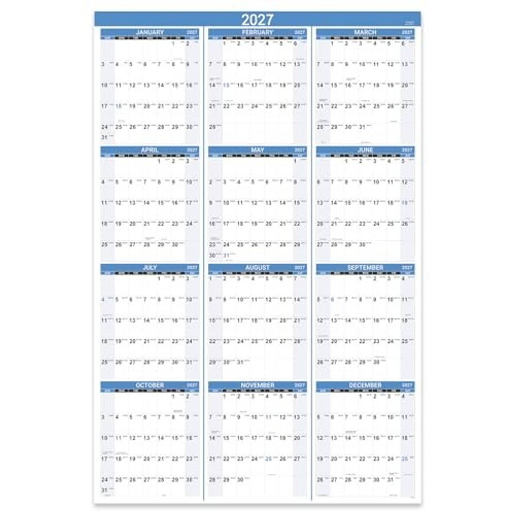 2027 wall calendar full view with blue header strips and a twelve-month date grid.